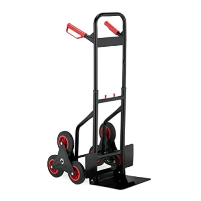 Image of Relaxdays Sack Truck Stair Climber, Folding Transport Trolley, up to 200 kg, Solid Rubber Tyres, Height Adjustable, Black/Red