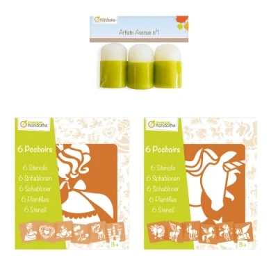 Image of Avenue Mandarine 42836AMZC 1 &#039;&#039;learning to paint&#039;&#039; set including 2 pouches of 6 stencils (Princesses and Unicorns) a 3 foam stamps from years old