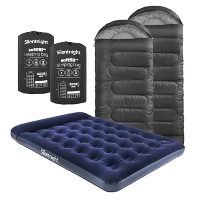 Image of Silentnight Airbed and Sleeping Bag Inflatable Double Air Bed Camping Mattress with Built in Foot Pump for Adults Bundle, Black