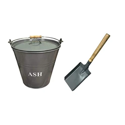 Image of Large Fireside Ash Bucket with Lid &amp; Shovel Pack, 32cm High, 12 Litre Capacity in French Grey