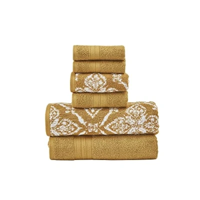 Image of Modern Threads Amaris 6 Piece Reversible Yarn Dyed Jacquard Towel Set Bath Towels, Hand &amp; Washcloths Super Absorbent Quick Dry 100% Combed Cotton, Gold