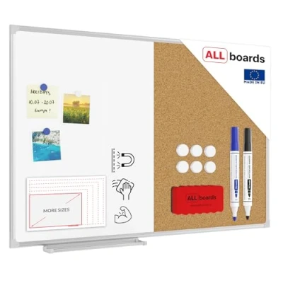 Image of ALLboards Combination Board 2 in 1 Whiteboard &amp; Cork with Aluminium Frame 90x60cm, Pin Magnetic