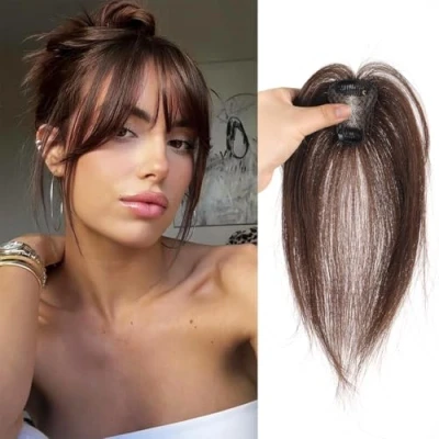 Image of Clip in Fringe Bangs 360 3D Cover 100% Real Human Hair Toppers with Bangs，Dark Brown pieces on for Women Fake Daily Wear