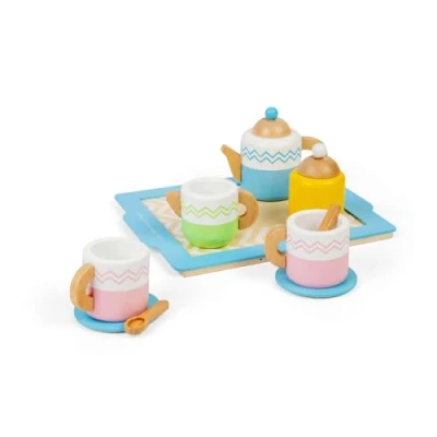Image of Bigjigs Toys Tea Tray Set 10 Piece Wooden Teatime Playset, Kids Kitchen Accessories, Food Role Play Toy, Sustainably Made Gifts For Toddlers, Age 18 Months Old +