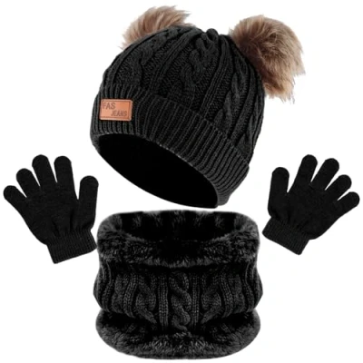 Image of volumoon Kids Beanie Hat Scarf Gloves Set, Thermal Knit and Winter Thick Warm Accessories Sets with Double Layer Fleece Lining for Boys Girls Toddlers Outdoor Sports (Black)