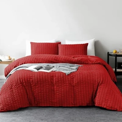 Image of My home store Seersucker Red Double Duvet Cover Set with 2 Pillowcases Soft Breathable 3 Pcs Quilt Polyester Cotton Bedding