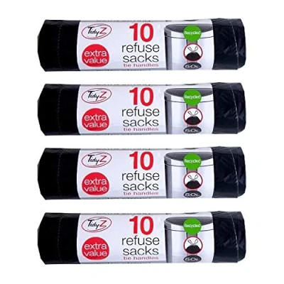 Image of TidyZ 10 x Extra Strong Swing Bin Liners with Tie Handles Refuse Sacks Black 50 Litres 94 120cm (40 Bags)