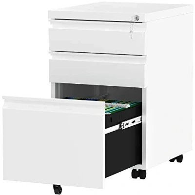 Image of YITAHOME 3 Drawers Lockable File Cabinet for Letter/legal/A4 Size, Home Office Mobile Filing with Wheel, Anti tipping Under Desk Storage Cabinets, Fully Assembled, White, 46 x 39 62cm