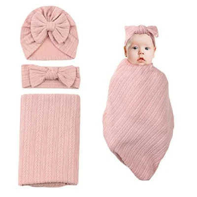 Image of Nishine 35&quot;x33&quot; Newborn Swaddle Blanket with Headband Set Wheat Pattern Wrap Receiving for Baby Boy Girls Sleeping Bag (Pink)