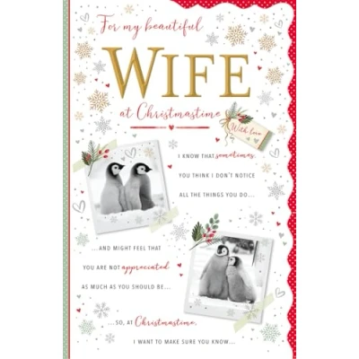 Image of Regal Publishing Christmas Card, Beautiful Wife, Penguins 12 x 8 inches Piccadilly Greetings