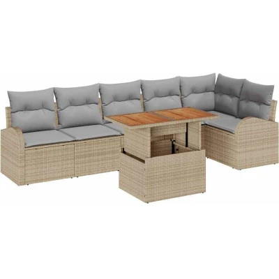 Image of vidaXL 7 Piece Garden Dining Set with Cushions Beige Poly Rattan Acacia