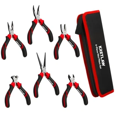 Image of KRETLAW Mini Pliers Set 6Pcs Needle Nose, Long Bent Diagonal, End Cutting and Linesman for DIY, Electronic Repairing &amp; Jewelry with Pouch