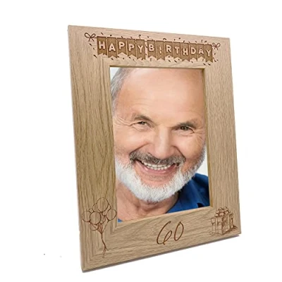 Image of 60th Birthday Photo Frame Portrait Wooden Engraved Bunting Style Gift (4 x 6 Inch)
