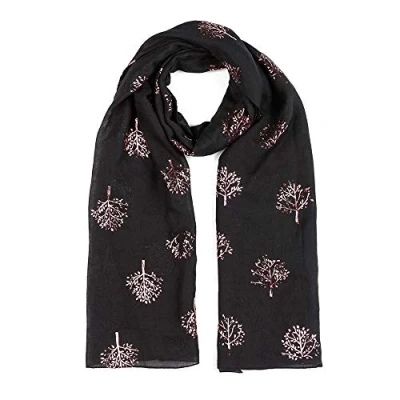 Image of London Scarfs Glitter Mulberry Trees Scarf Women Foil Printed Tree Fashion Ladies Wrap (Black With Pink Foil)