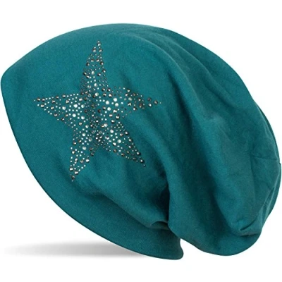 Image of styleBREAKER Beanie hat with Rhinestone Rivets Star and Silver Anthracite Coloured Decorative Stones, Slouchy Long Beanie, Unisex 04024087, Colour:Petrol