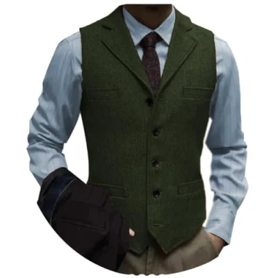 Image of AeoTeokey Mens Tweed Herringbone Suit Vest Slim Fit Notch Lapel Groomsmen Wedding Waistcoat (Army Green,L)