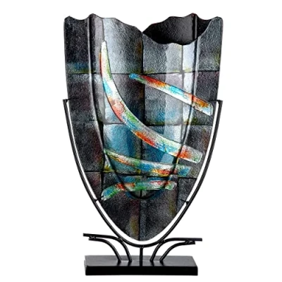 Image of GILDE GLAS art Design Decorative Glass Vase with Metal Stand Gift for Women Birthday Valentine&#039;s Day Mother&#039;s Colour: Grey Height 58 cm