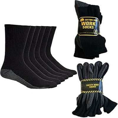 Image of Luxury Nights Men Work Socks Cotton Rich Workwear Reinforced Heavy Duty Toe Heel Comfortable Cushioned Sole Thick 6 11 Size (Pack of 15, Black)