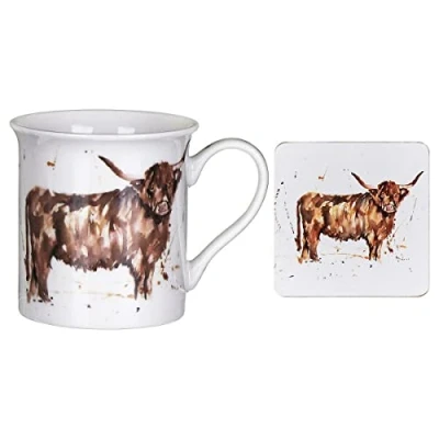 Image of Jennifer Rose Highland Cow Woodland Fine China Coffee Mug Tea Cup Coaster Set