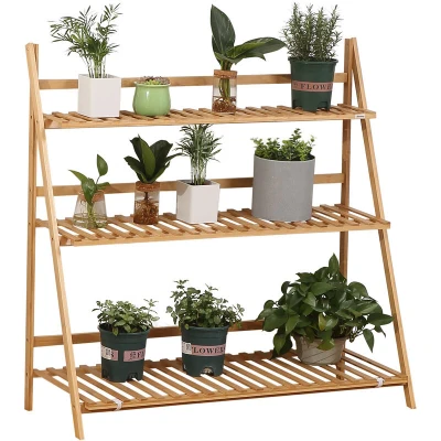 Image of Outsunny 3 Tier Folding Bamboo Plant Stand Display Shelf Rack for Indoor &amp; Outdoor