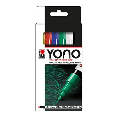 Image of Marabu Yono Marker Pen, Fine Bullet Tip, Pack Of 6, (0.5 1.5mm), Yellow, Cherry, Dark Blue, Rich Green, White, Black, (019, 125, 053, 067, 070, 073)
