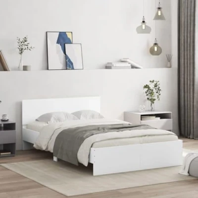 Image of vidaXL Home Base Bed Frame with Headboard White Engineered Wood, Plywood Slats 120x190 cm Small Double, Easy to Assemble, Modern Style for Bedroom