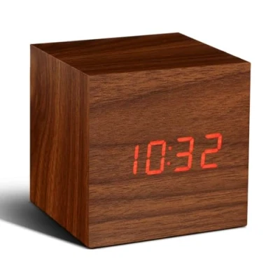 Image of Gingko Brown Cube Walnut Click Clock with Red LED