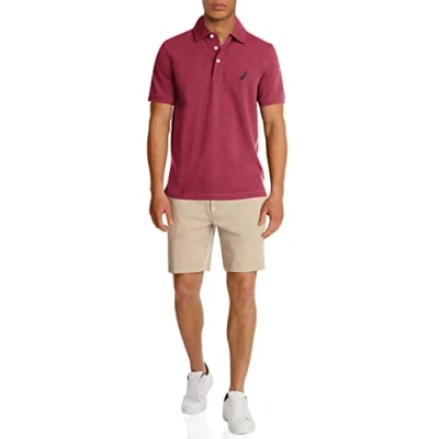 Image of Nautica Men&#039;s Short Sleeve Solid Stretch Cotton Pique Polo Shirt, Maroon, S