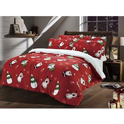Image of click2style Teddy Fleece Christmas Xmas Santa Snowman Duvet Set with Pillow Cases Bedding (Single)
