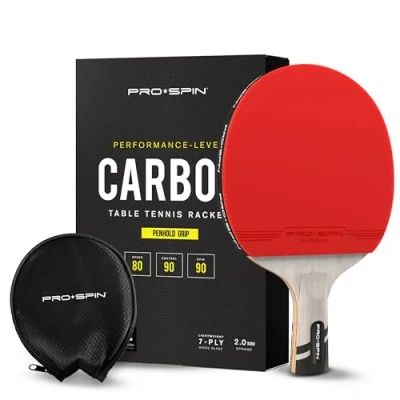 Image of PRO SPIN Table Tennis Bat with Carbon Fibre Penhold Grip Elite Series 7 Ply Blade, Premium Rubber, 2.0mm Sponge &amp; Rubber Protector Case