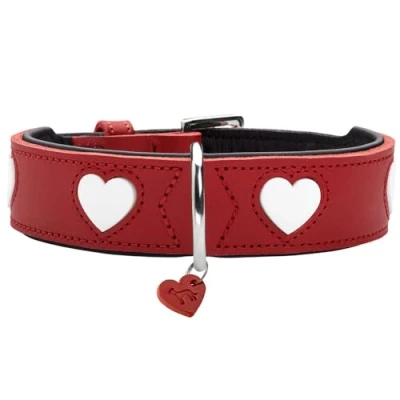 Image of HUNTER Love Dog Collar Colour: Red/Black, Soft, Robust Cowhide Leather, Individually Sewn in Hearts, Handmade, High, Particularly Made Germany, Size 55