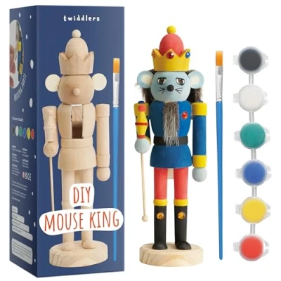 Image of THE TWIDDLERS Paint Your Own Mouse King Wooden Nutcracker Soldier, 20cm Handmade DIY Kit, Pine Wood Traditional Rat Ornament, Christmas Decoration With Moving Parts, Set &amp; Stickers