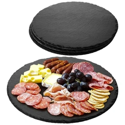 Image of Navaris Slate Plates Food Contact Safe Workmanship Cheese Platter Grazing Board Serving Plate Antipasti Platters Round Set of 4 28 cm (11&quot;)