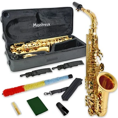 Image of Montreux Student Eb Alto Saxophone for Beginners with Lightweight Protective Carry Case, Mouthpiece, Reed, Sling, Pad Saver Lacquer Brass, High F# Key, E Flat