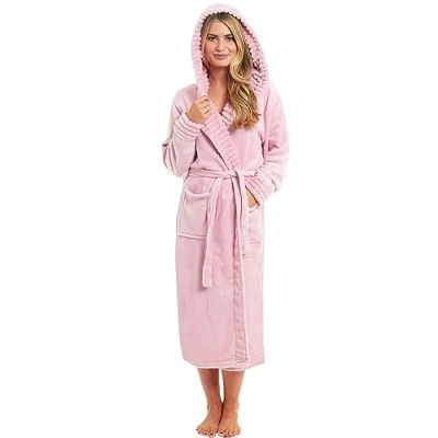 Image of KATE MORGAN Ladies Dressing Gown Fluffy Super Soft Hooded Bathrobe for Women Plush Fleece Perfect Loungewear Long Robe, Gifts (Small Pink)