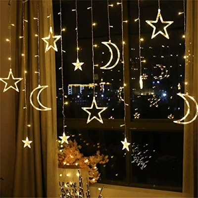 Image of Star Moon Christmas Window Lights, 3.5m LED Curtain String Battery Powered Garland Ramadan Decorations for Home, Christmas, Wedding, Party, Terrace, Ramadan, Eid, Lawn (Warm White)