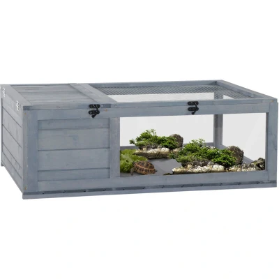 Image of PawHut Tortoise House, Small Pet Reptile Wooden House W/Mesh Roof, Side Panel Grey