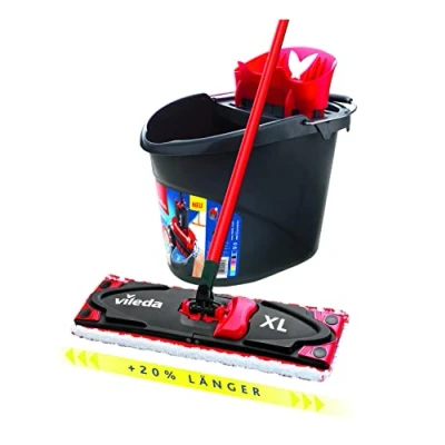 Image of Vileda Ultramax XL 2 in 1 Floor Mop Complete Set, Microfibre Cover and Bucket with Power Press, Extra Wide Handle, Wiper Plate 42 cm, Handle Length 75 130 Eco Packaging