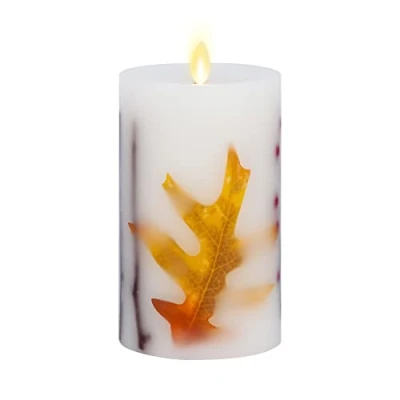 Image of Luminara Flameless LED Candle Orange Fall Leaf Embedded Real Wax Moving Flame Pillar Unscented with Recessed Edge, Remote Ready, Timer (3.5 x 6.5 inch)