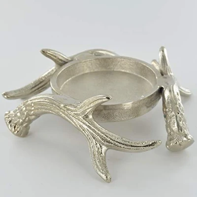 Image of Prezents Silver Antler Pillar Candle Holder Metal Winter Stag Deer Decor for Country Home Gift