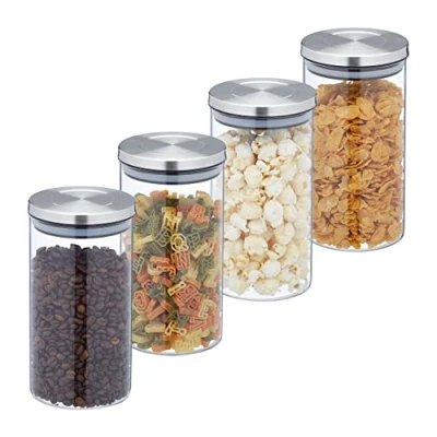 Image of Relaxdays Jars in Set of 4, 1000 ml Capacity, Steel Airtight Lids, Dry Food Storage, Glass, Transparent/Silver, 60% 30% Stainless 10% Silicone