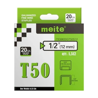 Image of meite T50 Staples, Type 140/12 mm Heavy Duty Staples for Staple Gun, 20 Gauge 3/8 Inch Crown Galvanised Upholstery Gun (1,512 Counts)