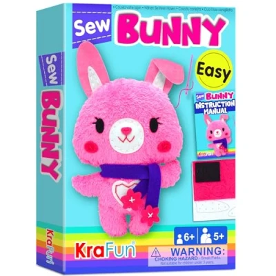 Image of KRAFUN Sewing Kit for Kids Beginner My First Art &amp; Craft, Includes Bunny Doll Stuffed Animal, Instructions Plush Felt Materials Learn to Sew, Embroidery, Age 7 8 9 10 11 12