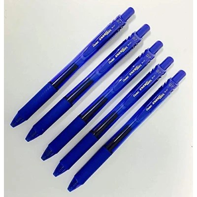 Image of 5x BLUE PENTEL BL107 ENERGEL RETRACTABLE ROLLER BALL PENS. 0.7mm METAL TIP. RUBBER GRIP. PACK OF 5 INK. A GEL PENS