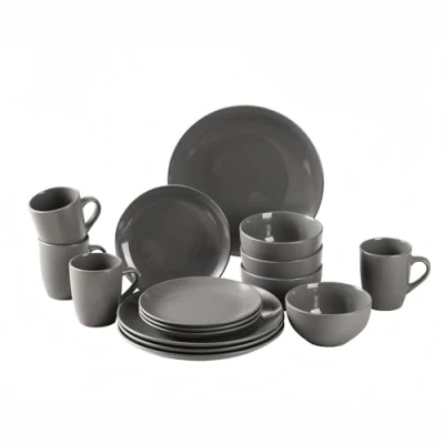 Image of simpa 16PC Grey Glazed Ceramic Stoneware Dinner Set. 4 Plates, Side Bowls &amp; Mugs. Dishwasher Microwave Safe.