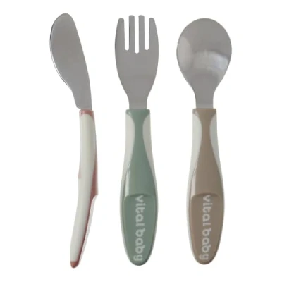 Image of Vital Baby Nourish Big Kid Toddler Knife, Fork and Spoon Set, 3pk, Rounded Tips, Soft Grip Handles, EarthSmart Biodegradable, BPA Free for Safe Self Feeding