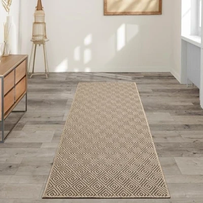 Image of the carpet Kansas robust indoor and outdoor in natural jute look, weatherproof, suitable for patio garden, rhombus, approx. 60 x 180 cm
