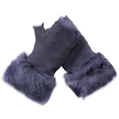 Image of Infinity Leather Womens Warm Winter Shearling Navy Toscana Fingerless Cuffs Suede Sheepskin Mitten Gloves