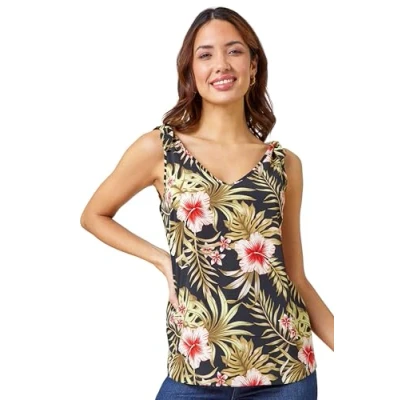 Image of Roman Originals Animal Print Cami Vest Top for Women UK Ladies Everyday Holiday Spring Summer V Neckline Comfy Soft Evening Vacation Work Party Black Gold Red Size 8