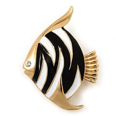 Image of Avalaya Black/White Enamel &#039;Fish&#039; Brooch in Gold Plated Metal